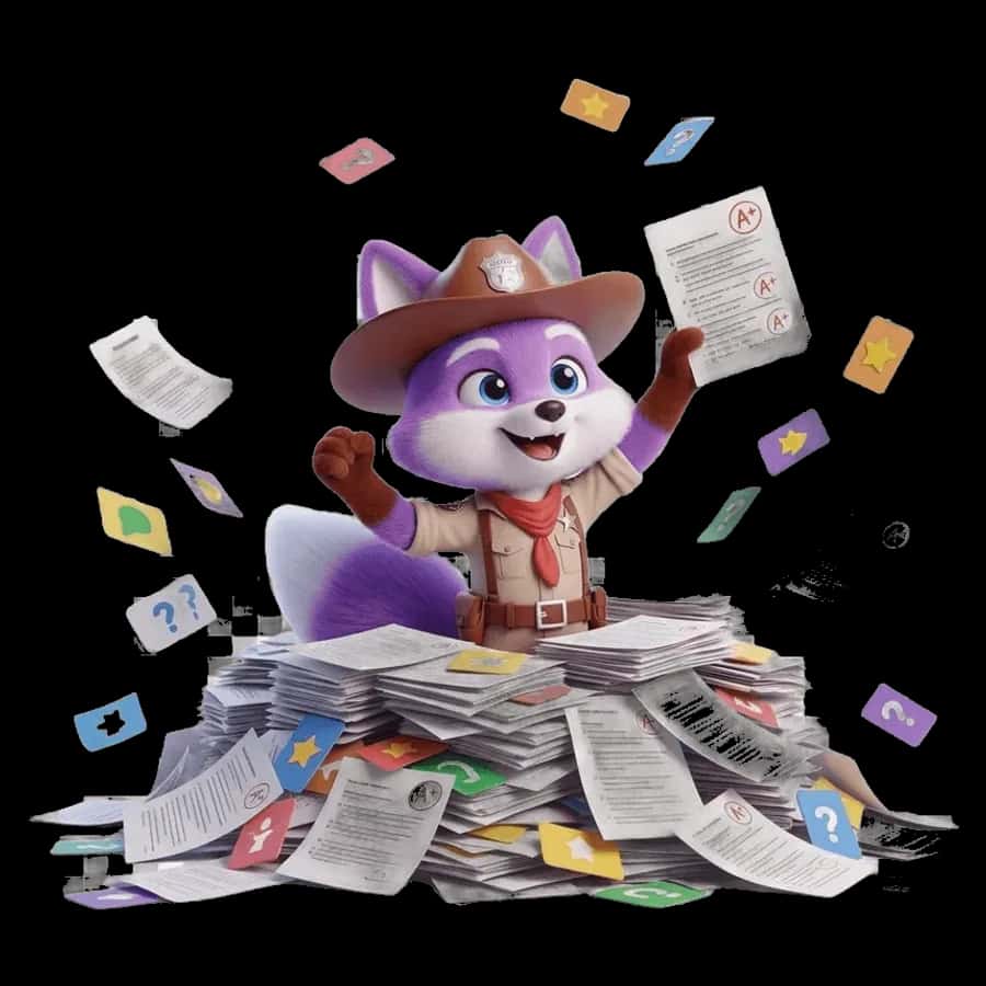 Ryder surrounded by exam papers
